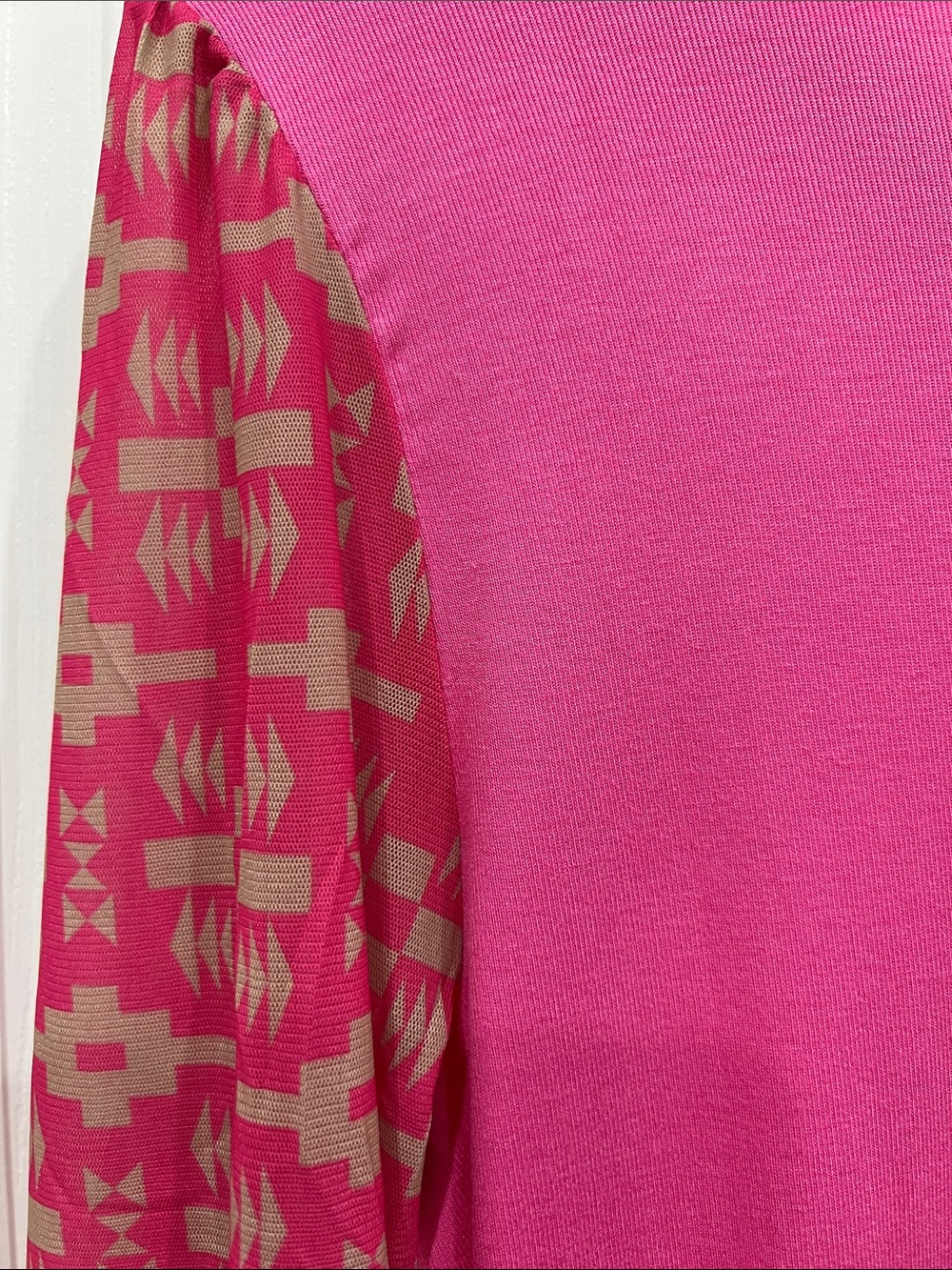 Hot Pink Long Sleeve Tee with Patterned Sheer Sleeves